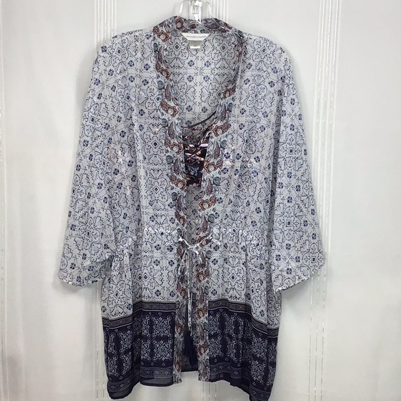 Christopher & Banks Semi Sheer Blue White Patterned Kimono Top Sz. S/M - Picture 10 of 10